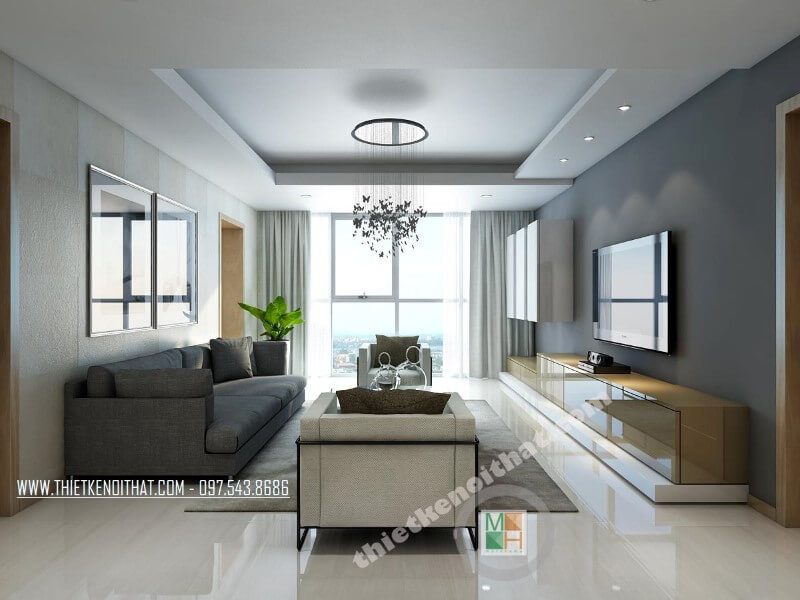 Mẫu thiết kế nội thất chung cư đơn giản với bộ sofa vải hiện đại tạo điểm nhấn nổi bật cho căn phòng. Thiết kế chung cư hiện đại, cao cấp