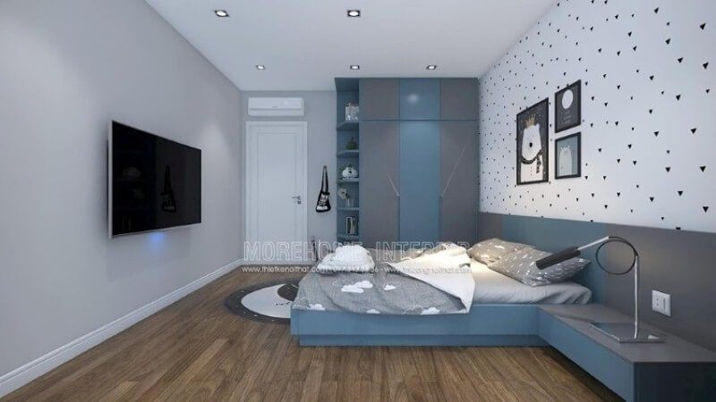Tủ quần áo đẹp liền kệ để đồ sẽ là gợi ý ấn tượng để phòng bé luôn được gọn gàng ngăn nắp. Thiết kế nội thất chung cư phong cách hiện đại đẹp, trẻ trung