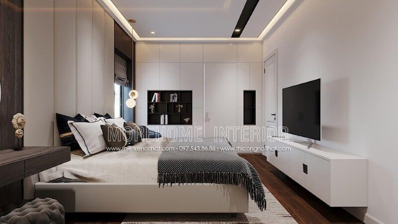 Trang trí phòng ngủ hiện đại ấn tượng với nội thất gỗ An Cường sơn trắng đẹp, sang trọng. Thiết kế nội thất chung cư phong cách hiện đại đẹp, trẻ trung