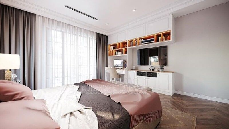 Thiết kế nội thất góc học tập trong phòng ngủ của bé gái đẹp ấn tượng theo phong cách đương đại. Thiết kế nội thất chung cư phong cách hiện đại đẹp, trẻ trung