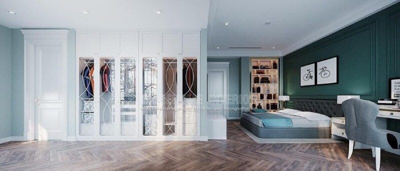 Tủ quần áo âm tường được trang trí âm tường tạo cảm giác thông thoáng ấn tượng cho phòng ngủ. Thiết kế nội thất chung cư phong cách hiện đại đẹp, trẻ trung