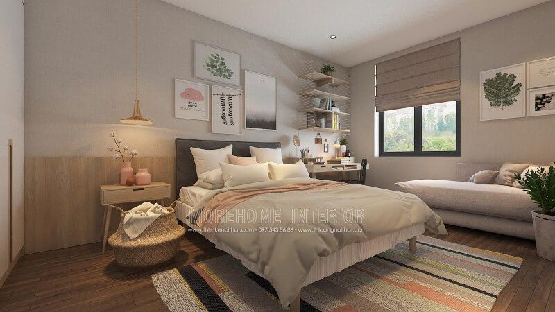 Sắp xếp phòng ngủ ấn tượng với cách trang trí độc đáo từ những mảng lớn đơn sắc kết hợp cùng họa tiết điểm nhấn tạo nên nét đẹp sinh động, trẻ trung cho không gian. Thiết kế nội thất chung cư phong cách hiện đại đẹp, trẻ trung