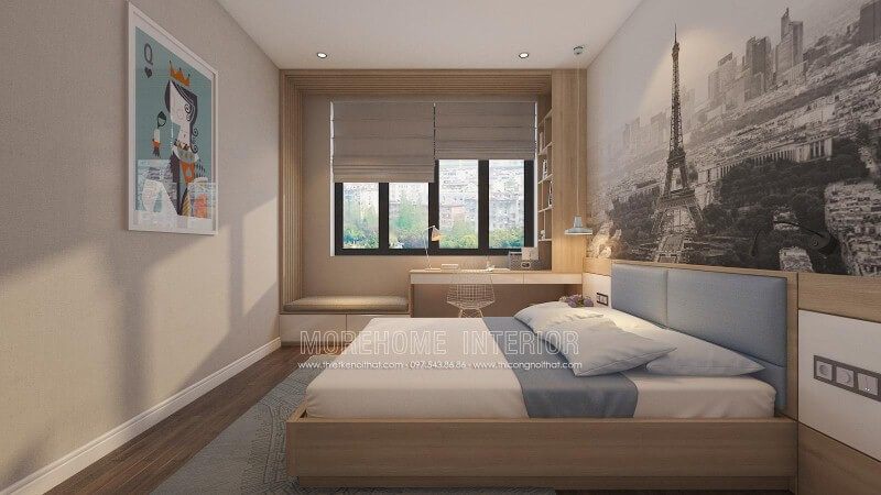 Thiết kế nội thất phòng ngủ hiện đại có bàn làm việc hay góc học tập gần cửa sổ đẹp, sang trọng và tiện ghi. Thiết kế nội thất chung cư phong cách hiện đại đẹp, trẻ trung