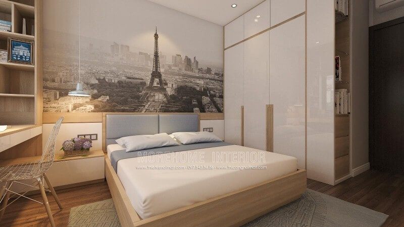 Ý tưởng sáng tạo trong sắp xếp nội thất phòng ngủ nhỏ nhưng tiện ghi với tab đầu giường làm kệ trang trí, tủ quần áo lồng với kệ để đồ cùng đèn thả ấn tượng giúp không gian phòng ngủ luôn đẹp và thông thoáng. Thiết kế nội thất chung cư phong cách hiện đại đẹp, trẻ trung