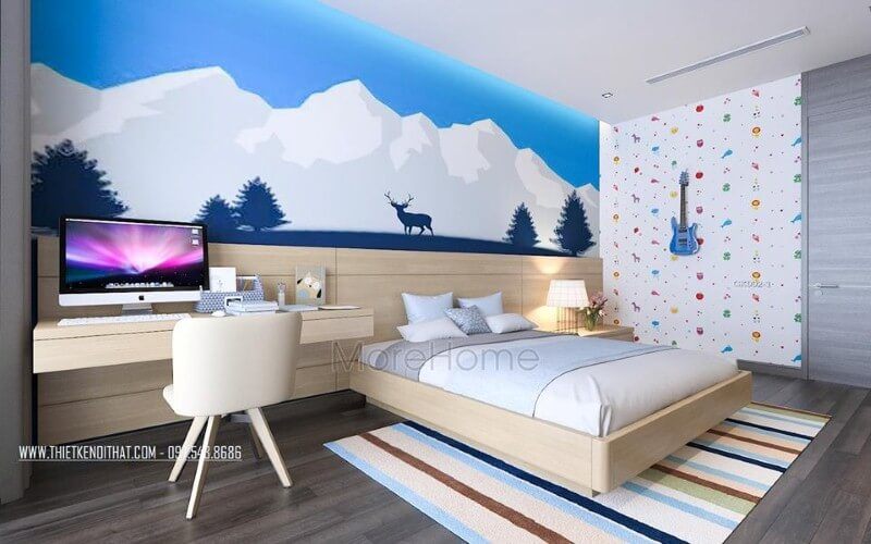 Giường ngủ gỗ sồi hiện đại cùng gỗ ốp đầu giường gam sáng màu tạo nên vẻ đẹp trẻ trung, độc đáo cho phòng ngủ con trai hiện đại. Thiết kế nội thất chung cư phong cách hiện đại đẹp, trẻ trung