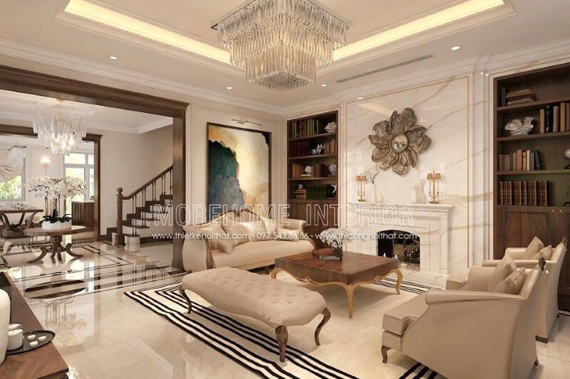 Trang trí nội thất biệt thự cao cấp với chất liệu gỗ óc chó, sự kết hợp hài hòa giữa tone màu nâu trầm và màu vàng be tạo nên một không gian sống đẳng cấp hơn cả Thiết kế nội thất biệt thự cao cấp, sang trọng