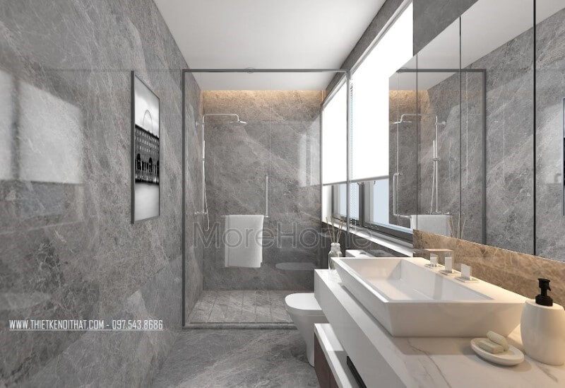 Phòng tắm hiện đại nổi bật với sắc trầm chủ đạo từ đá xám ốp tường cao cấp. Thiết kế nội thất chung cư phong cách hiện đại đẹp, trẻ trung