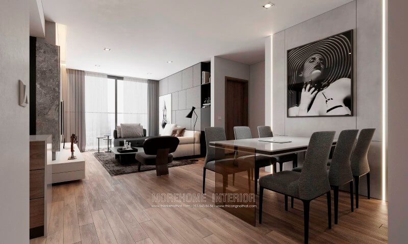 Thiết kế chung cư hiện đại,khu vực sinh hoạt chung được thiết kế liền kề, phần cửa hướng ra ban công kích thước lớn mang lại ánh sáng và không khí trong lành cho căn phòng bớt ngột ngạt Thiết kế chung cư hiện đại, cao cấp